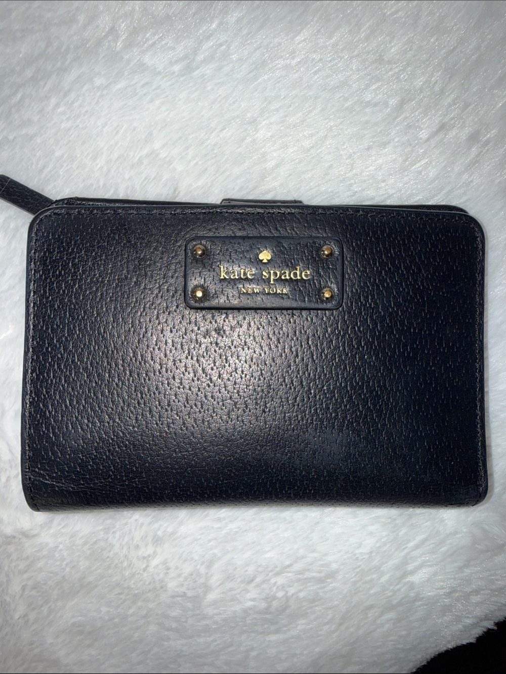 kate spade Black Pebbled Leather Zip-Around Wallet with Gold Logo